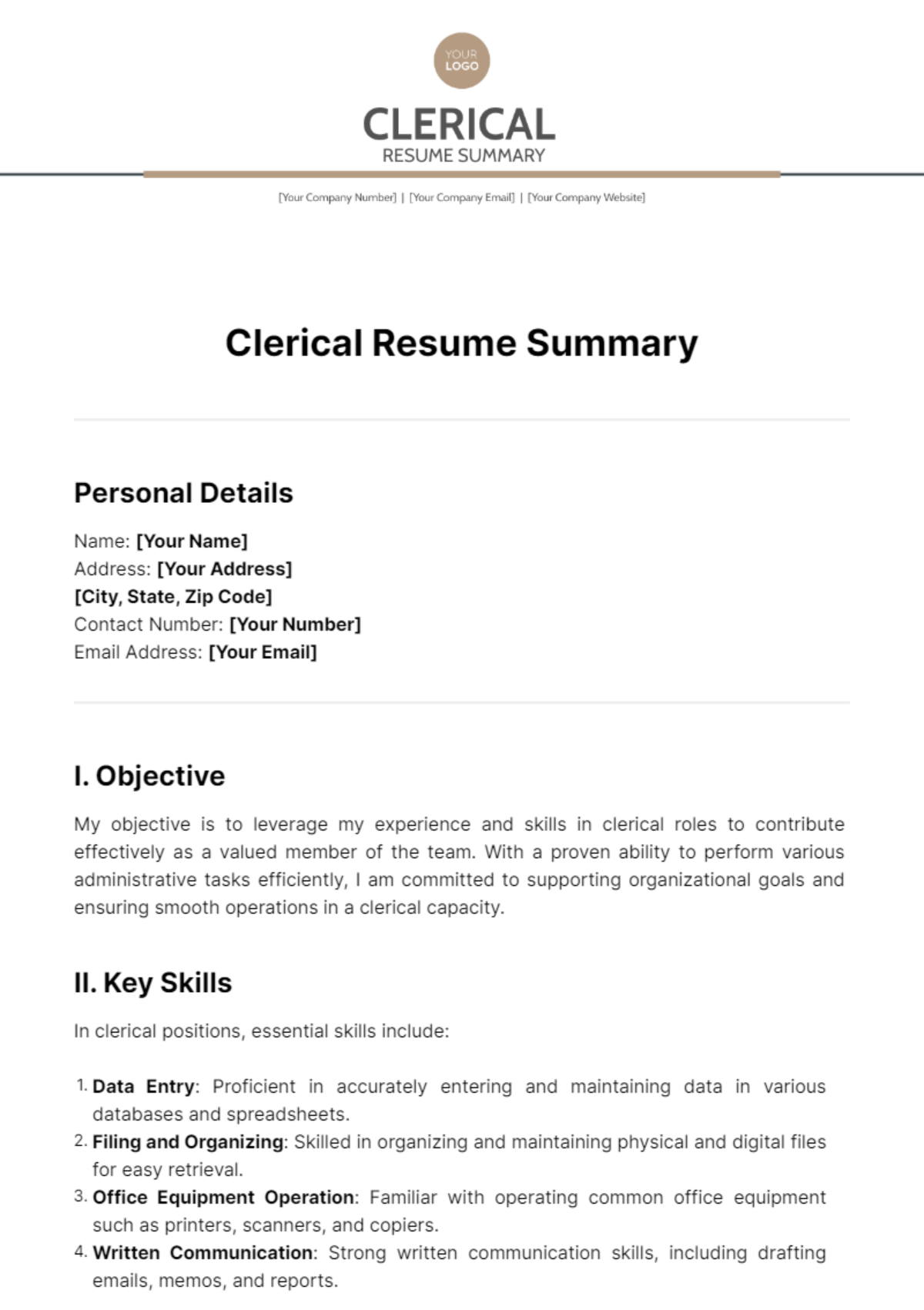 Clerical Resume Summary Template