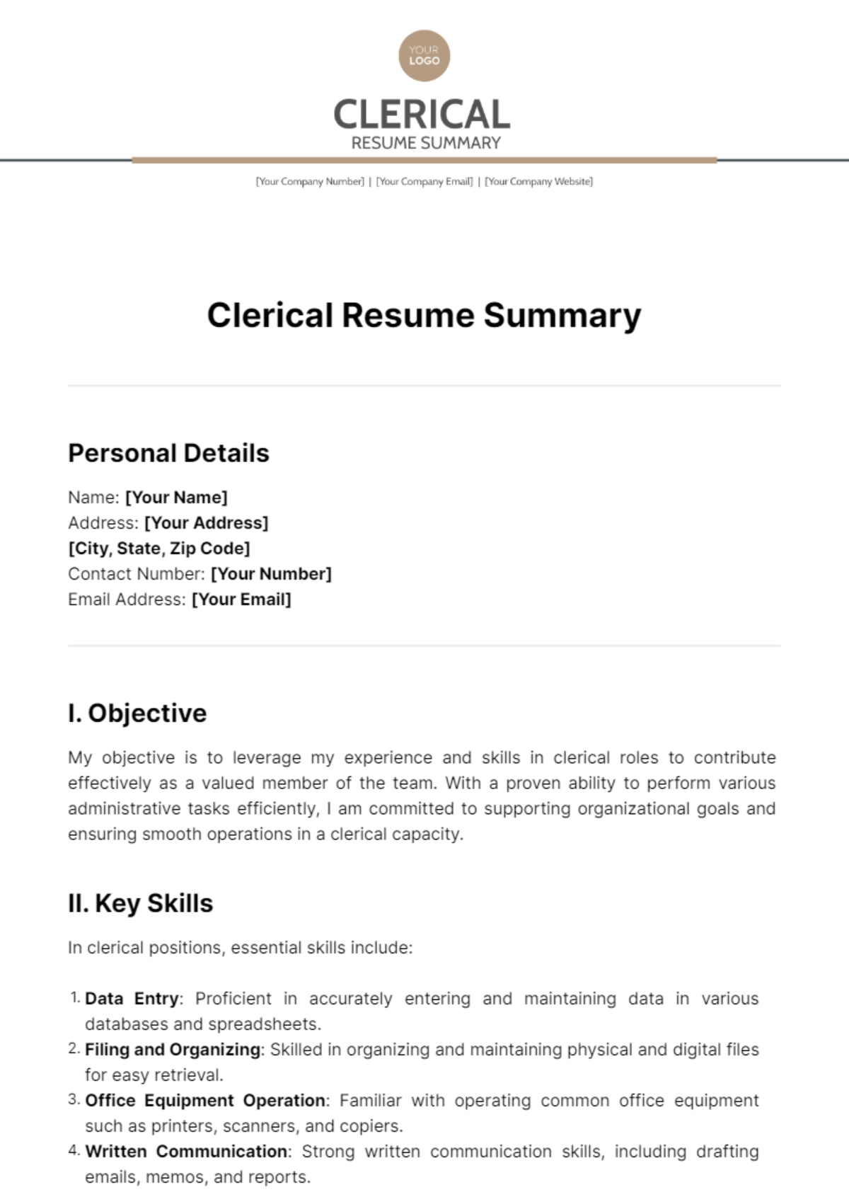 Clerical Resume Summary Template - Edit Online & Download