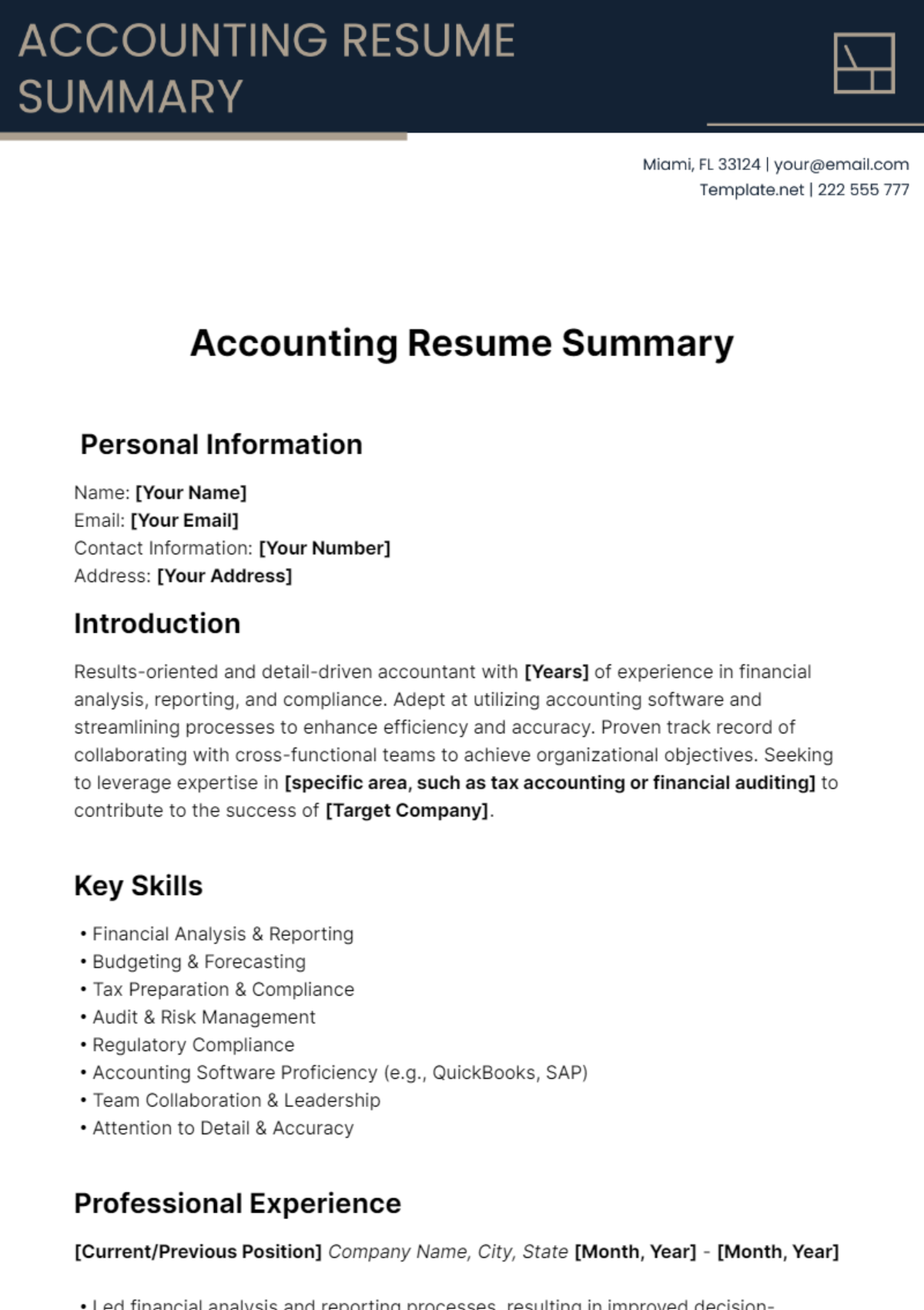 Accounting Resume Summary Template