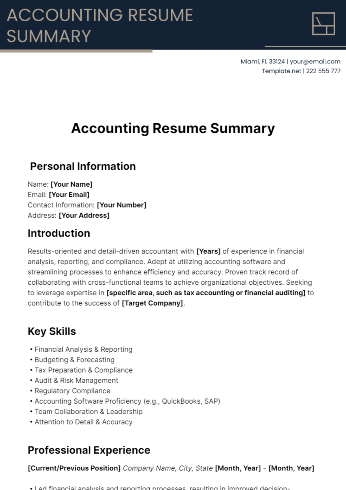 Accounting Resume Summary Template - Edit Online & Download