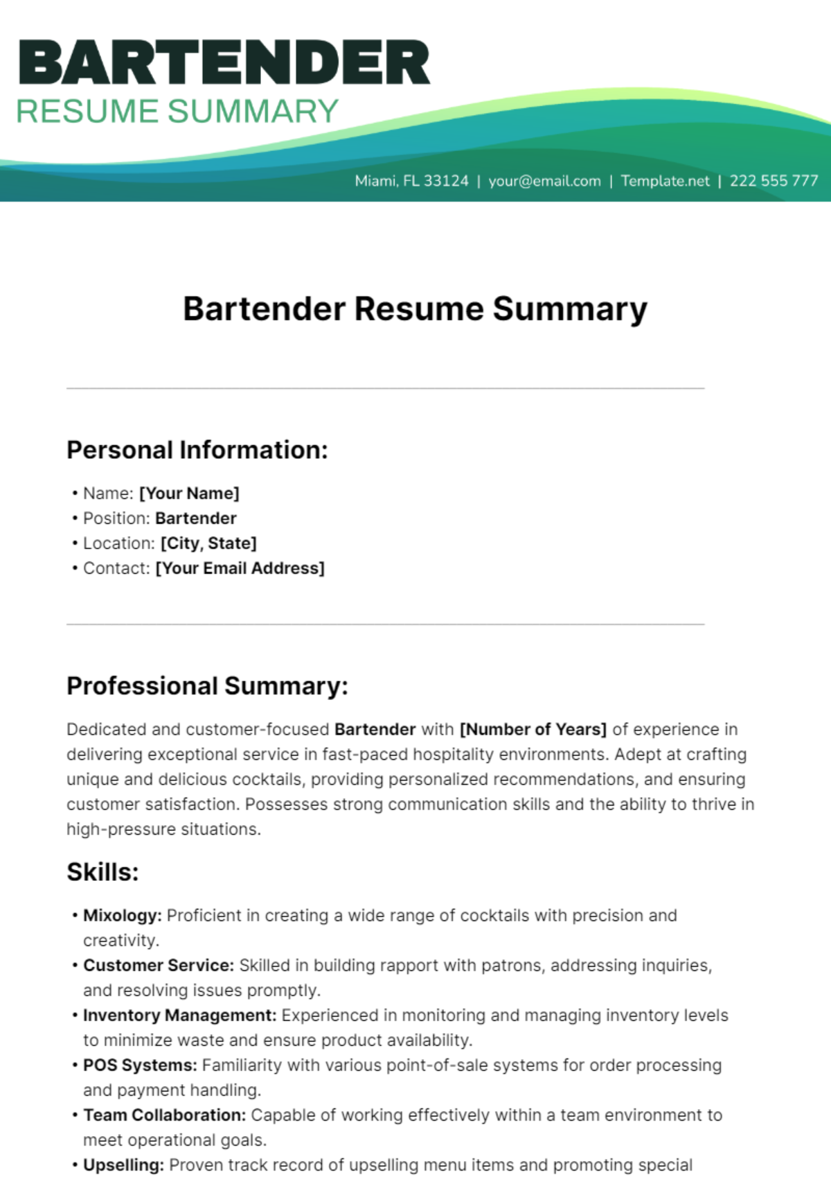 Bartender Resume Summary Template