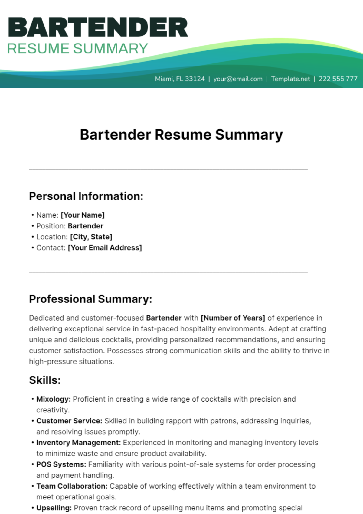 Bartender Resume Summary Template - Edit Online & Download