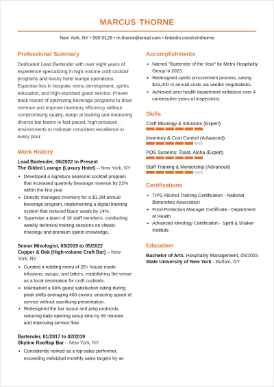 Free Bartender ATS Resume Summary Template, AI Resume Builder