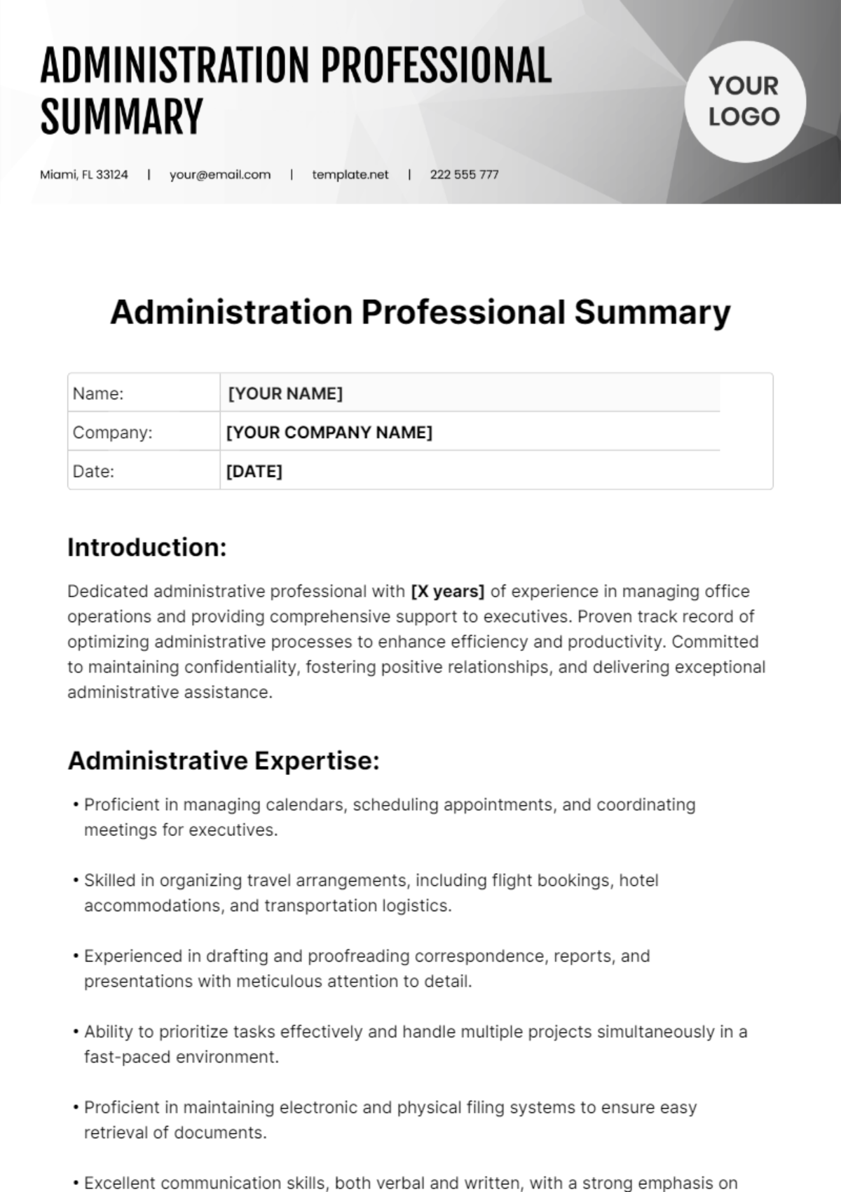 Administration Resume Summary Template
