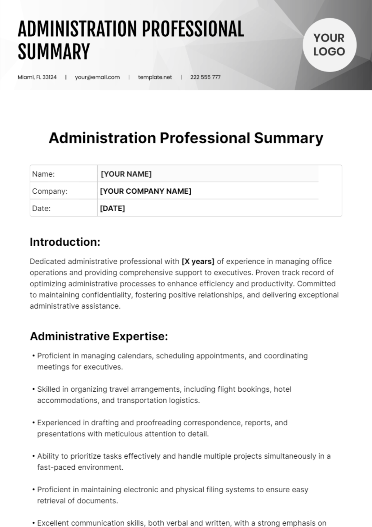 Administration Resume Summary Template - Edit Online & Download