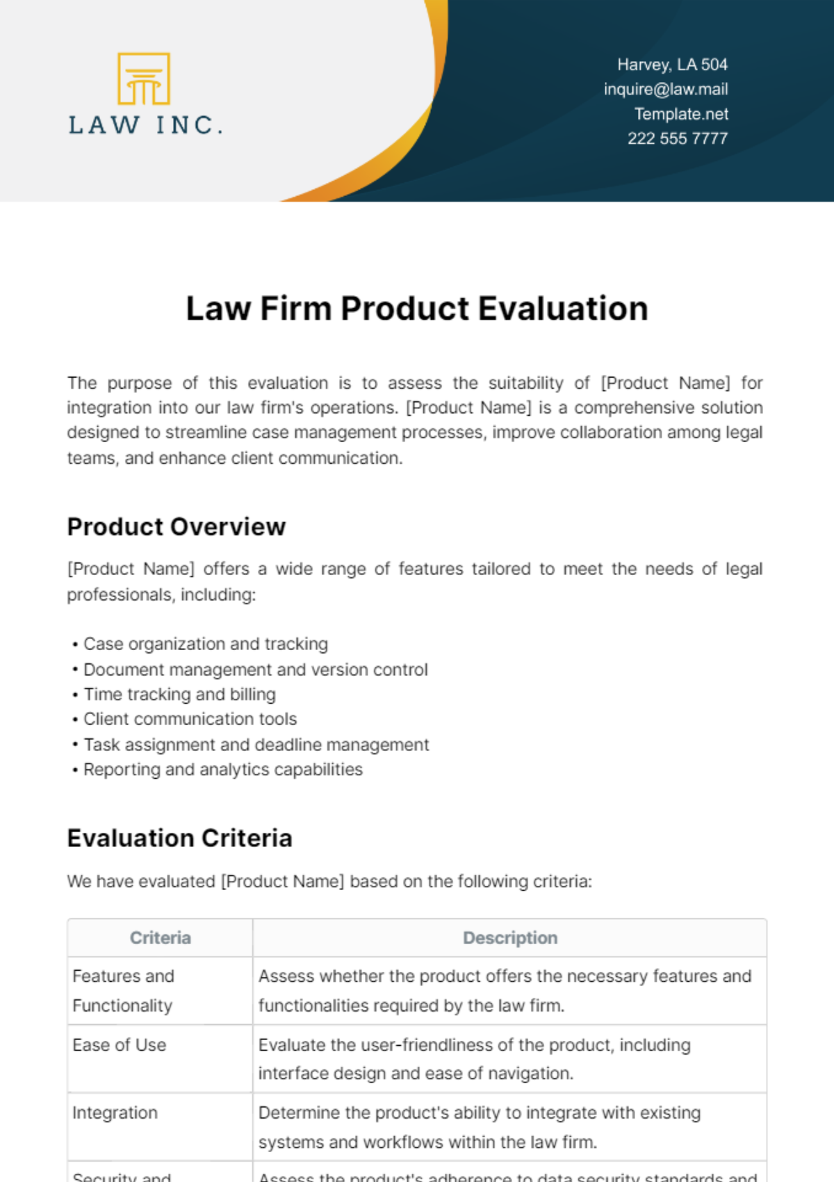 Free Law Firm Product Evaluation Template