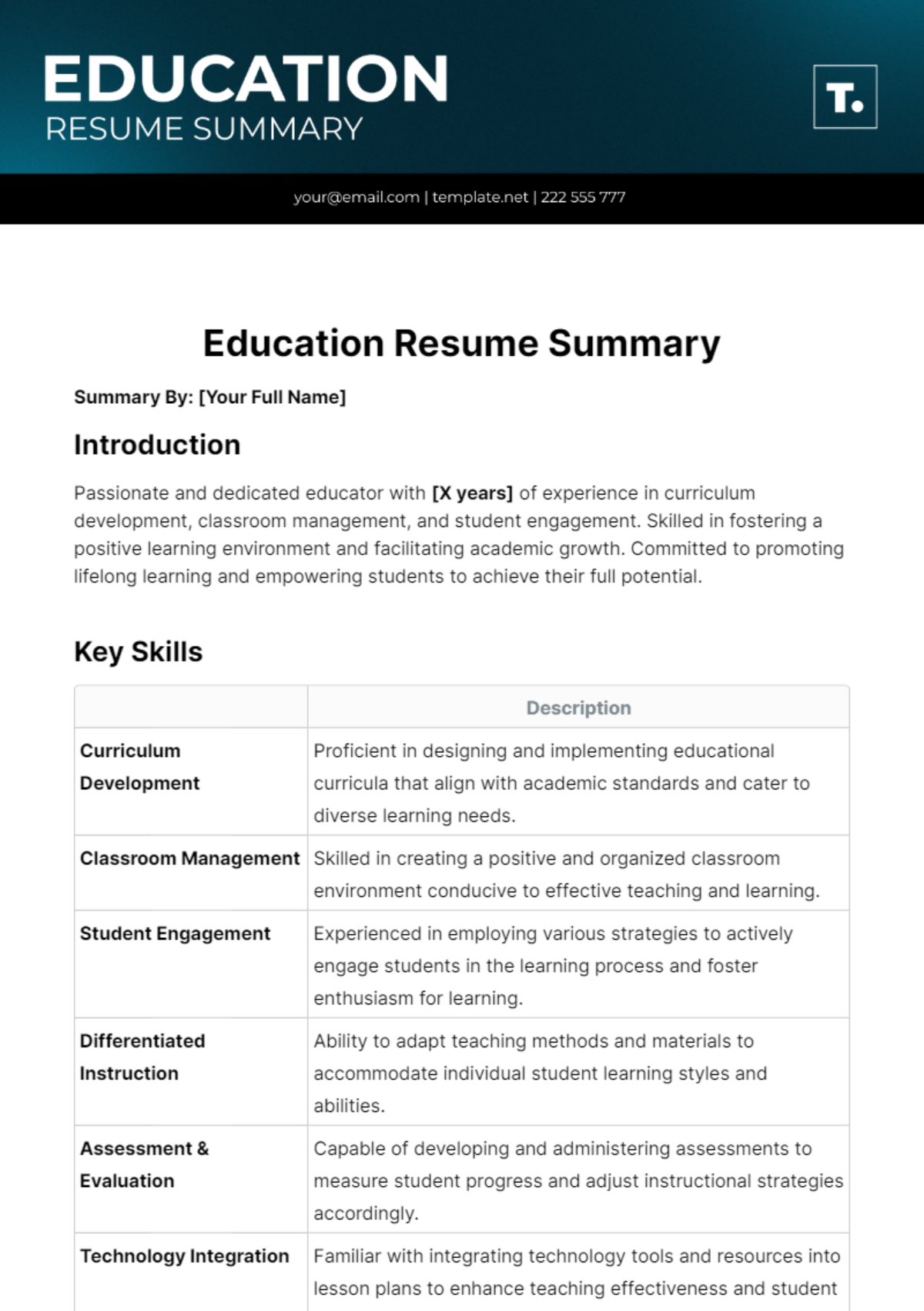 Education Resume Summary Template - Edit Online & Download Example ...