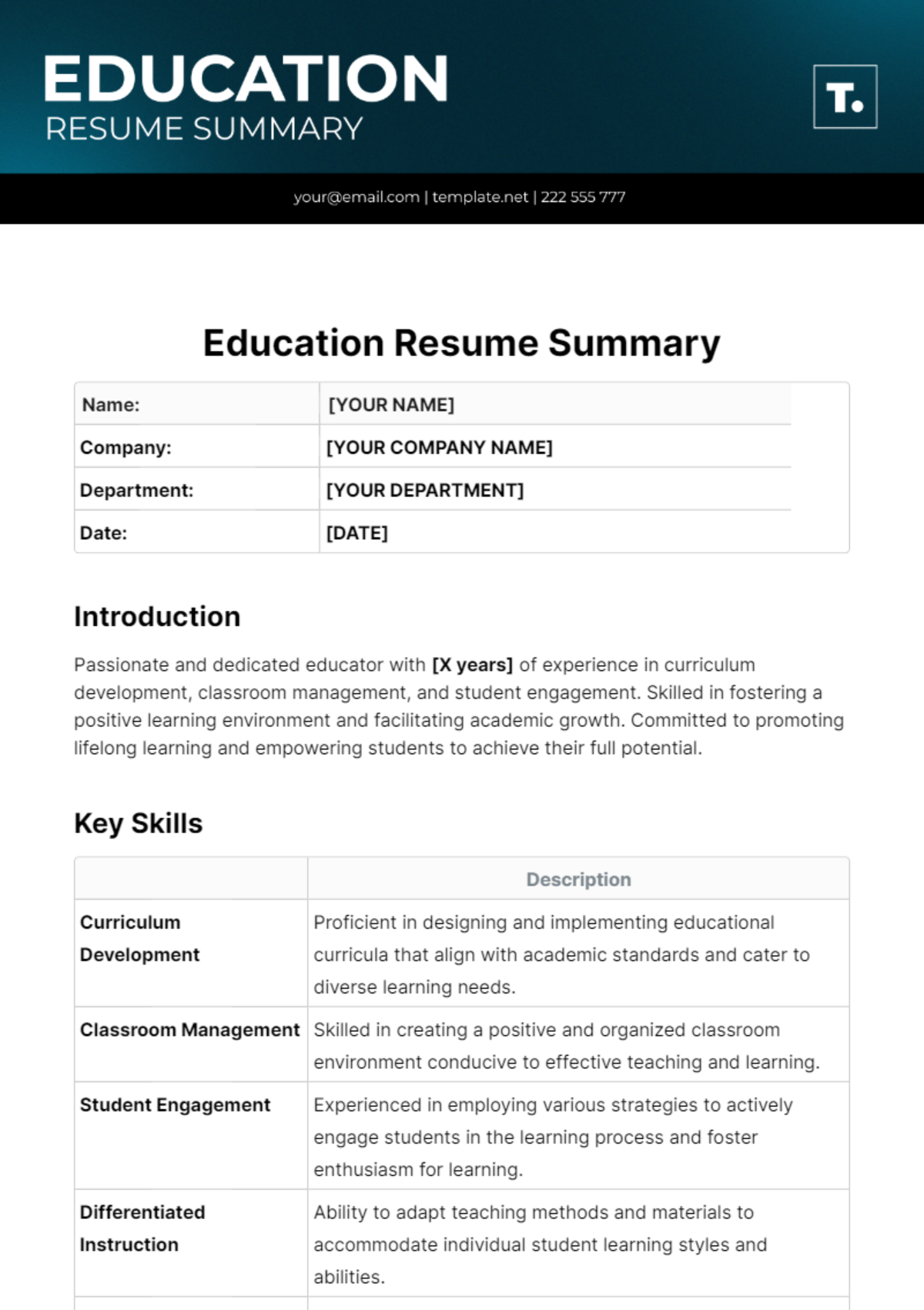 Education Resume Summary Template