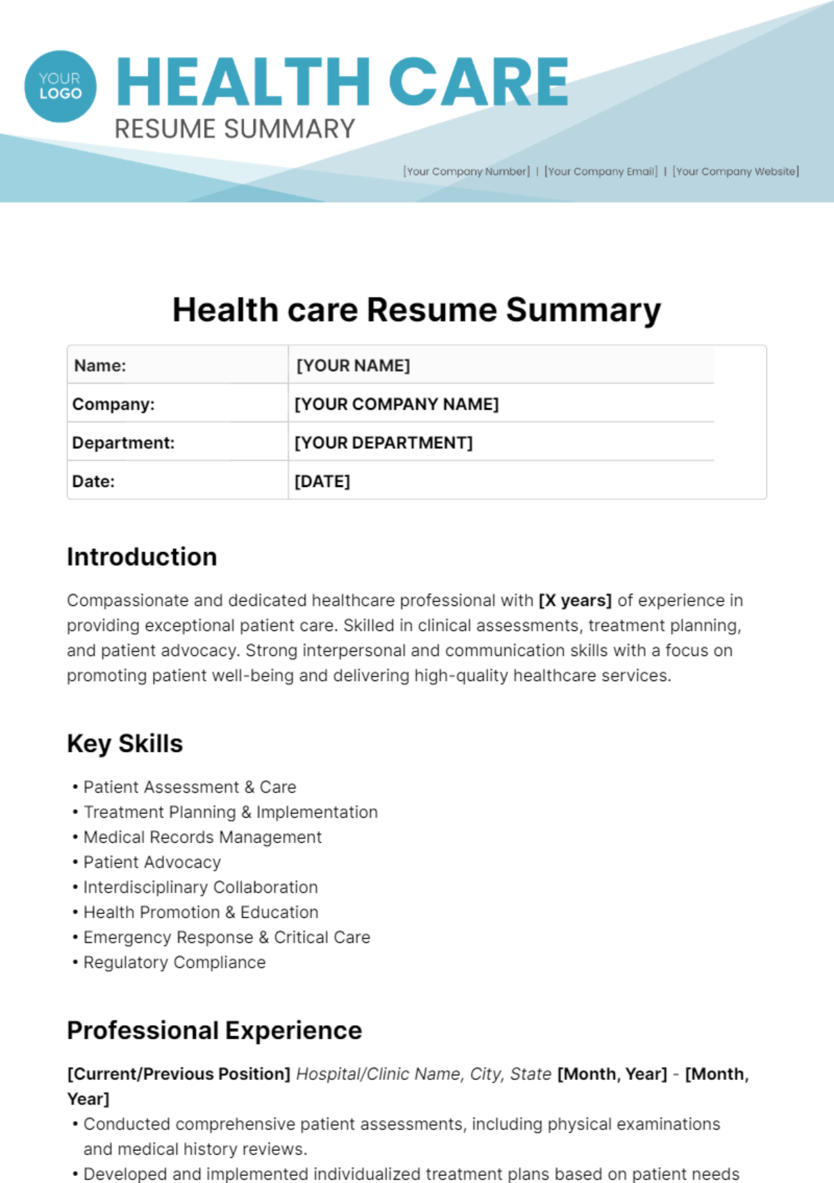 Health Care Resume Summary Template - Edit Online & Download