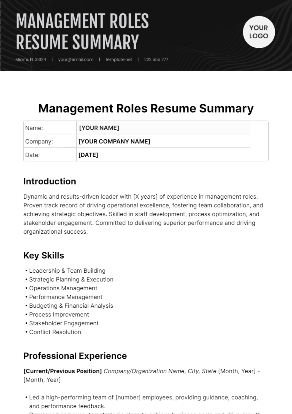 Management Roles Resume Summary Template