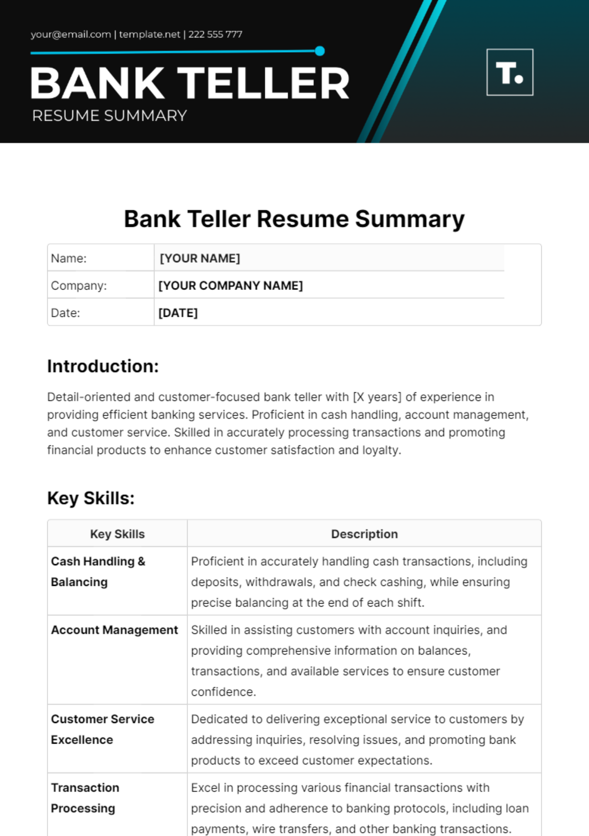 Bank Teller Resume Summary Template