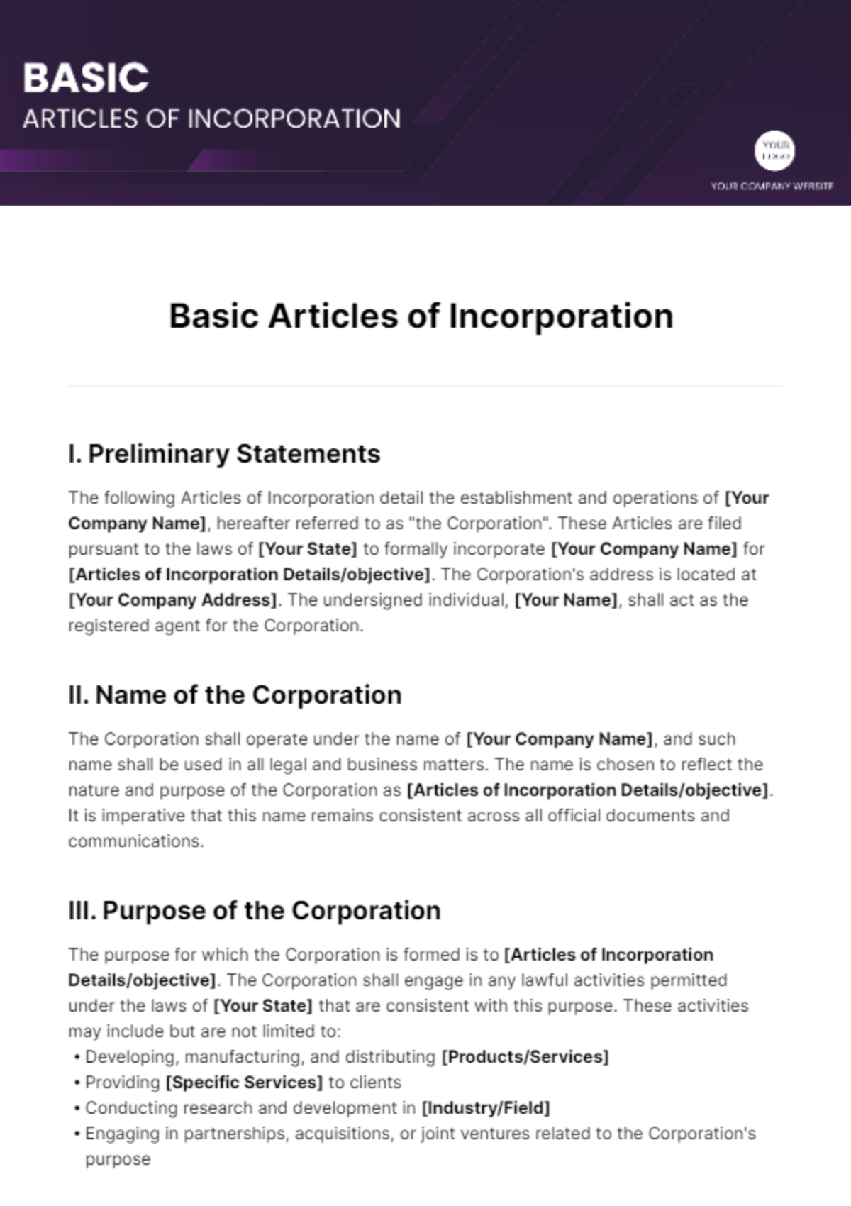 Basic Articles of Incorporation Template