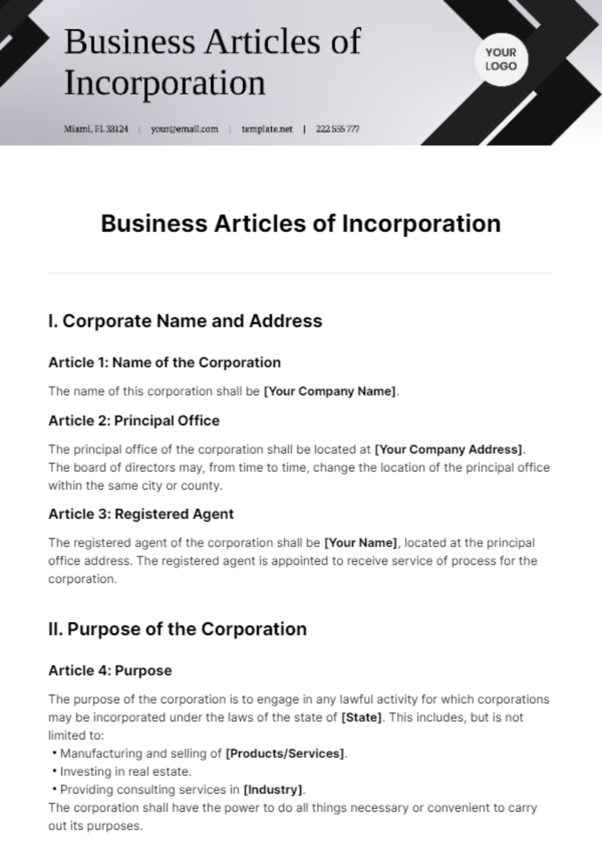 Business Articles of Incorporation Template