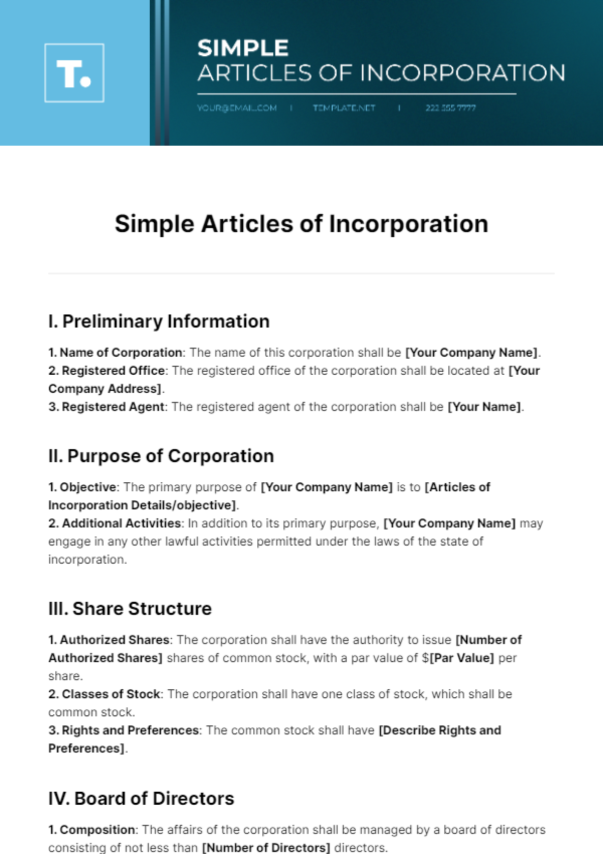Simple Articles of Incorporation Template