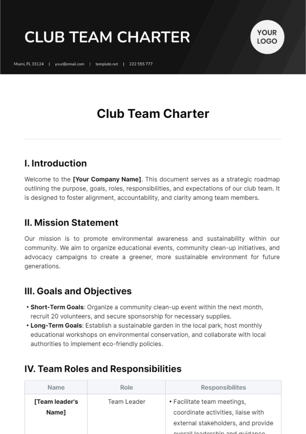 Club Team Charter Template