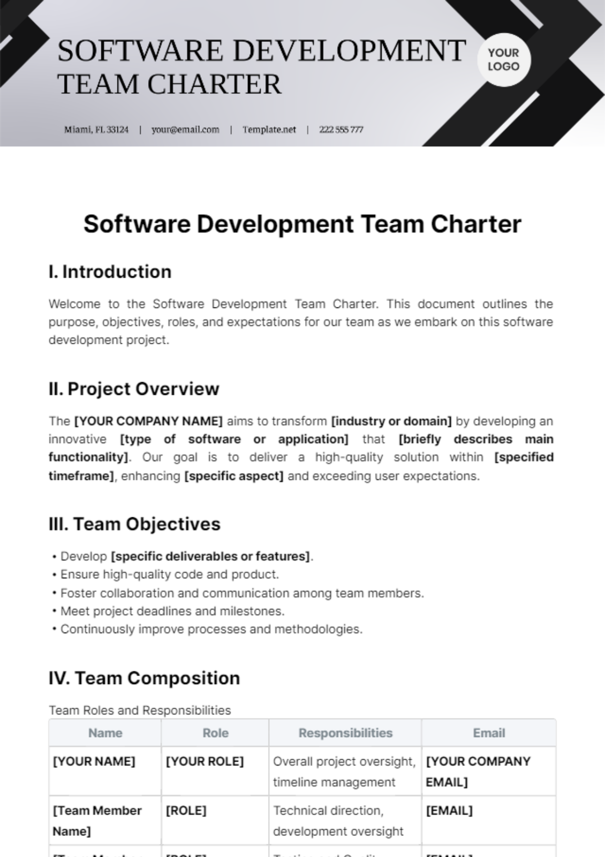 Free Software Development Team Charter Template