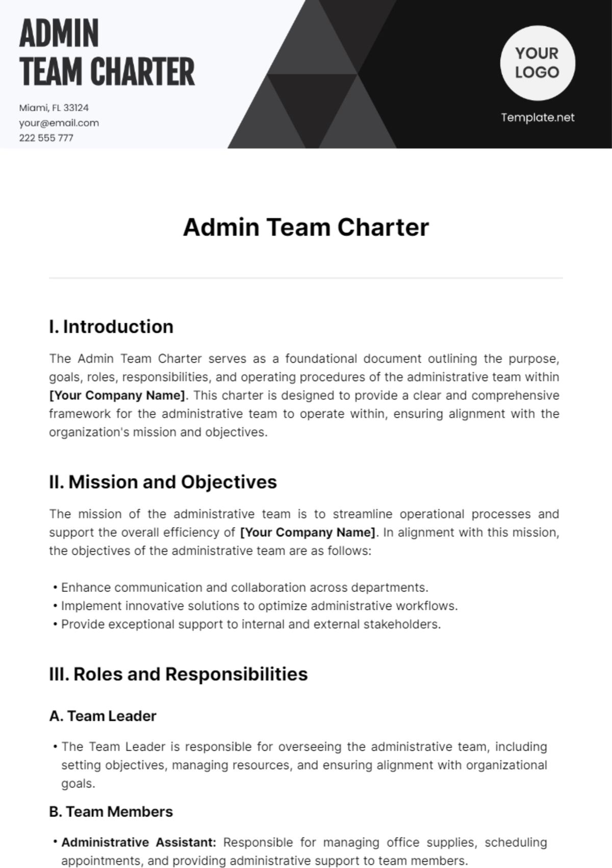 Admin Team Charter Template