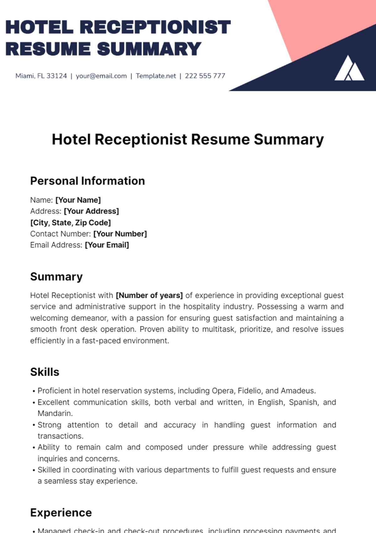 Hotel Receptionist Resume Summary Template - Edit Online & Download