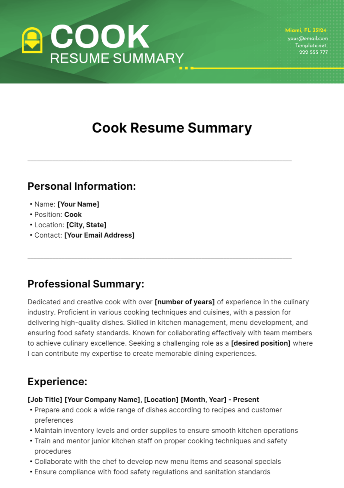 Cook Resume Summary Template