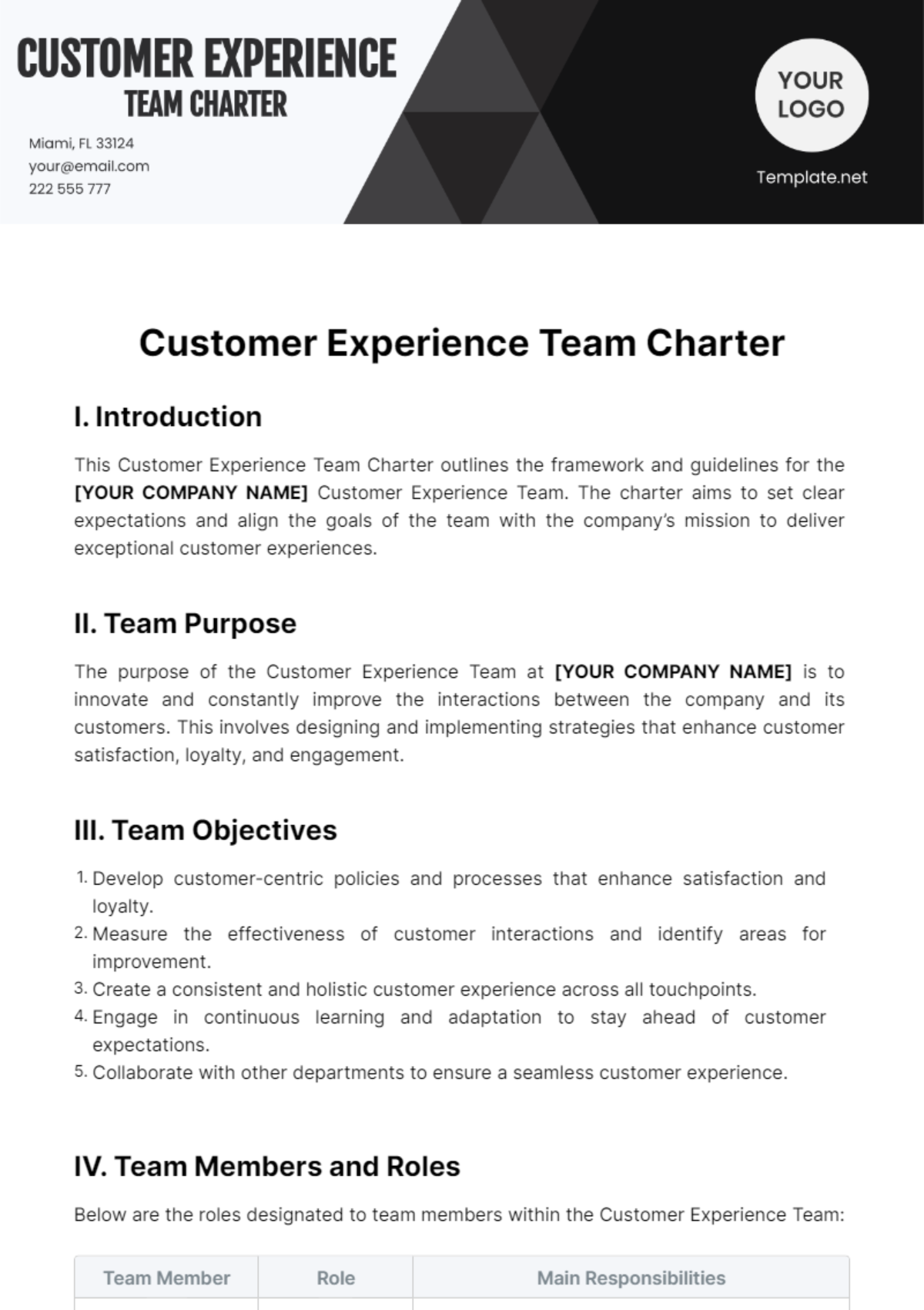 Customer Experience Team Charter Template