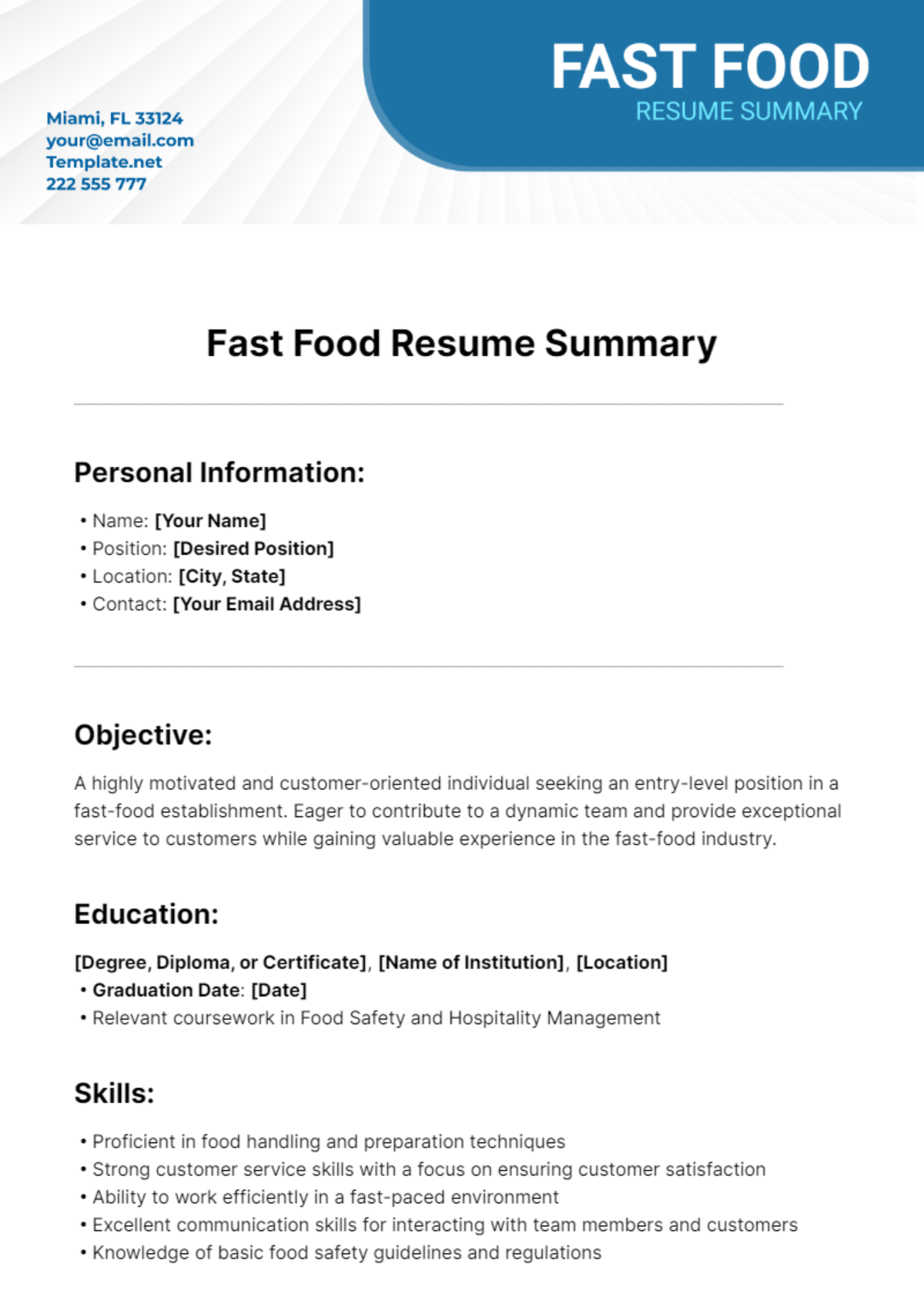 Fast Food Resume Summary Template