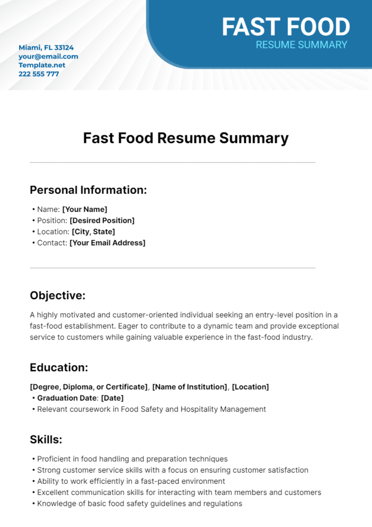 Fast Food Resume Summary Template - Edit Online & Download