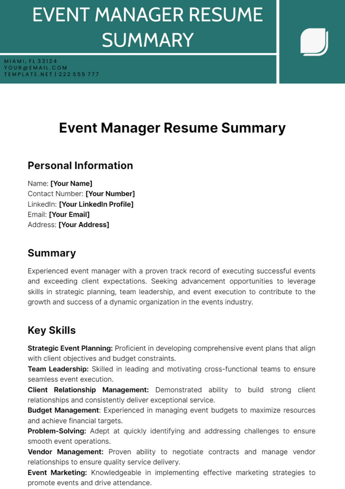 Event Manager Resume Summary Template