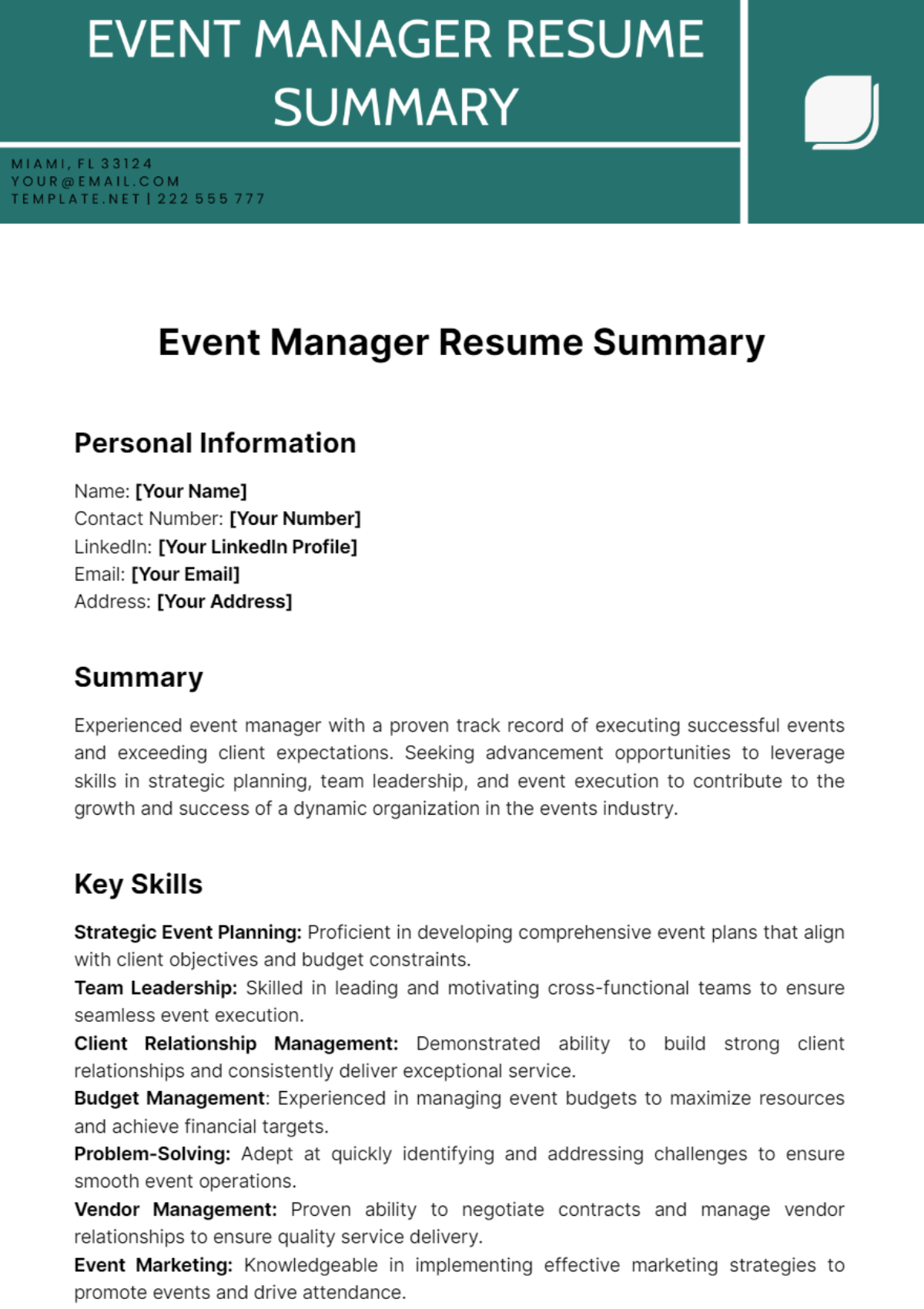 Event Manager Resume Summary Template - Edit Online & Download