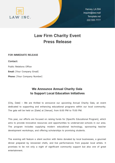 Free Law Firm Charity Event Press Release Template to Edit Online