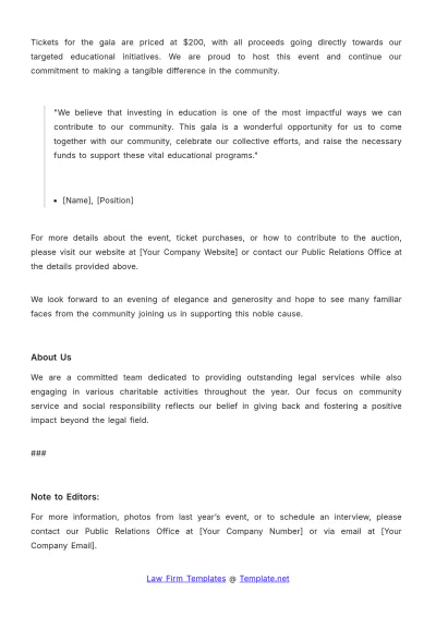 Free Law Firm Charity Event Press Release Template to Edit Online