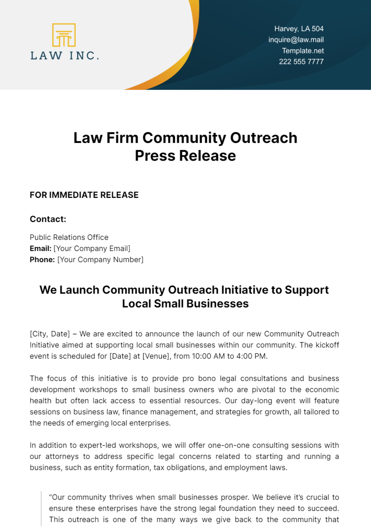 Free Law Firm Community Outreach Press Release Template
