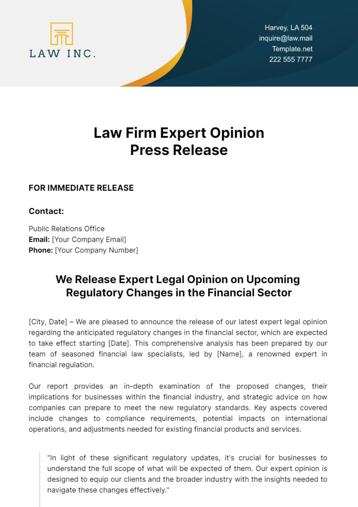 Free Law Firm Expert Opinion Press Release Template