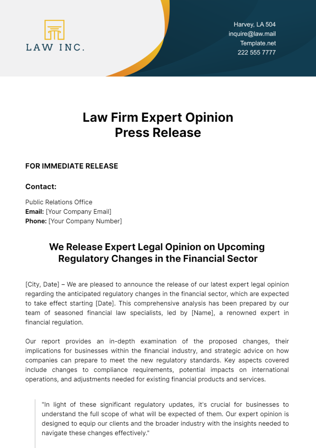 Law Firm Expert Opinion Press Release Template - Edit Online & Download