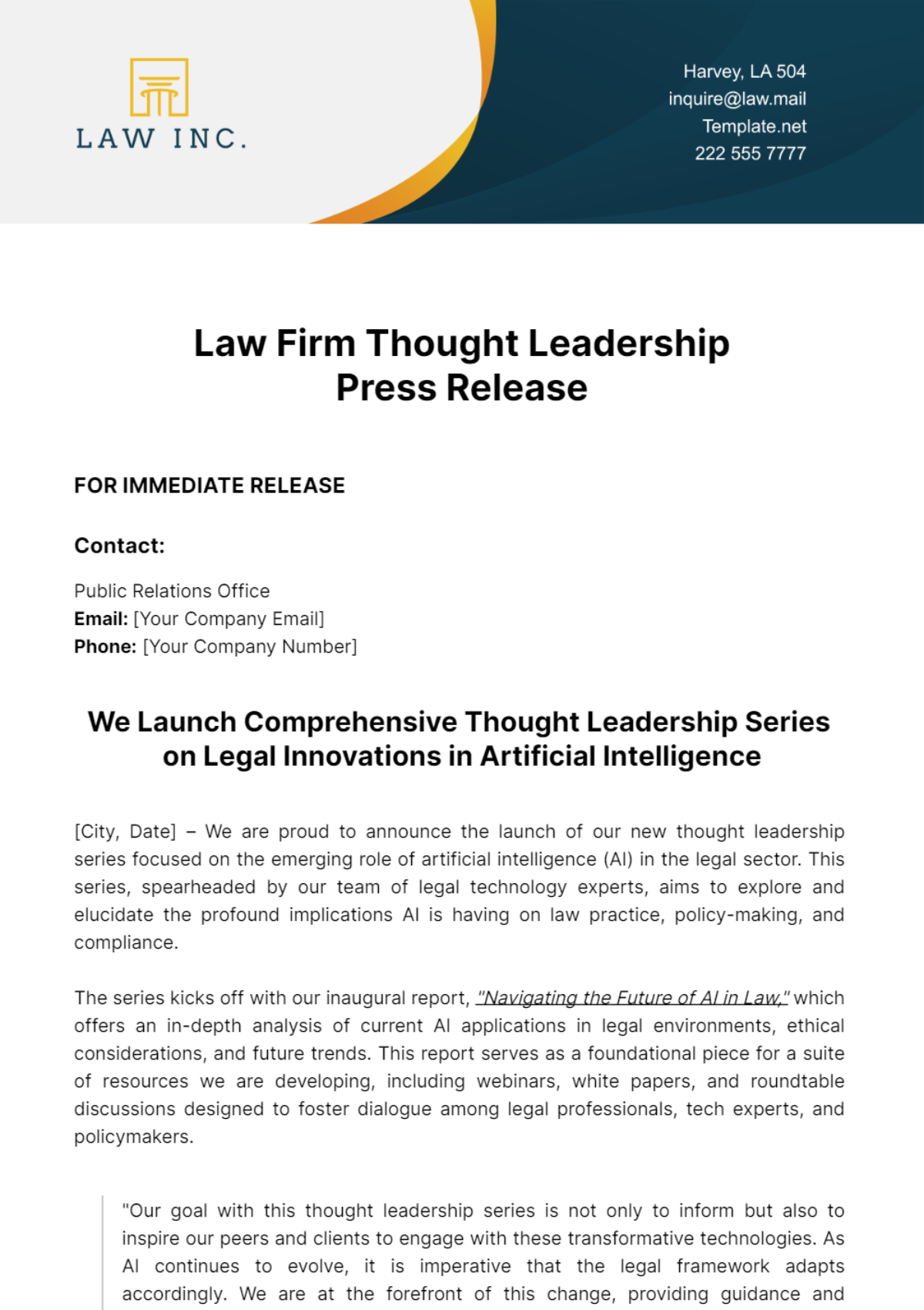 Law Firm Thought Leadership Press Release Template