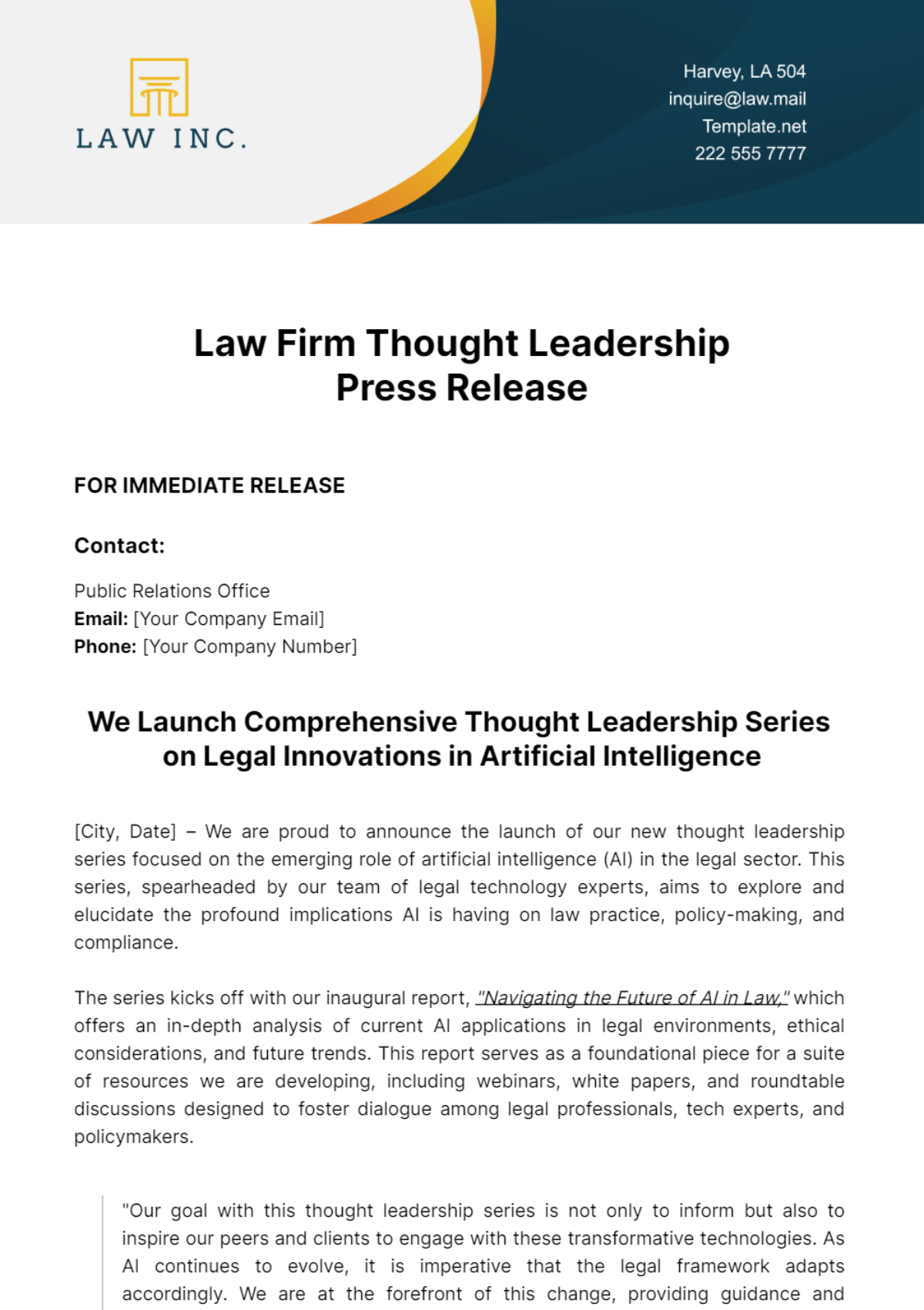 Law Firm Thought Leadership Press Release Template - Edit Online & Download