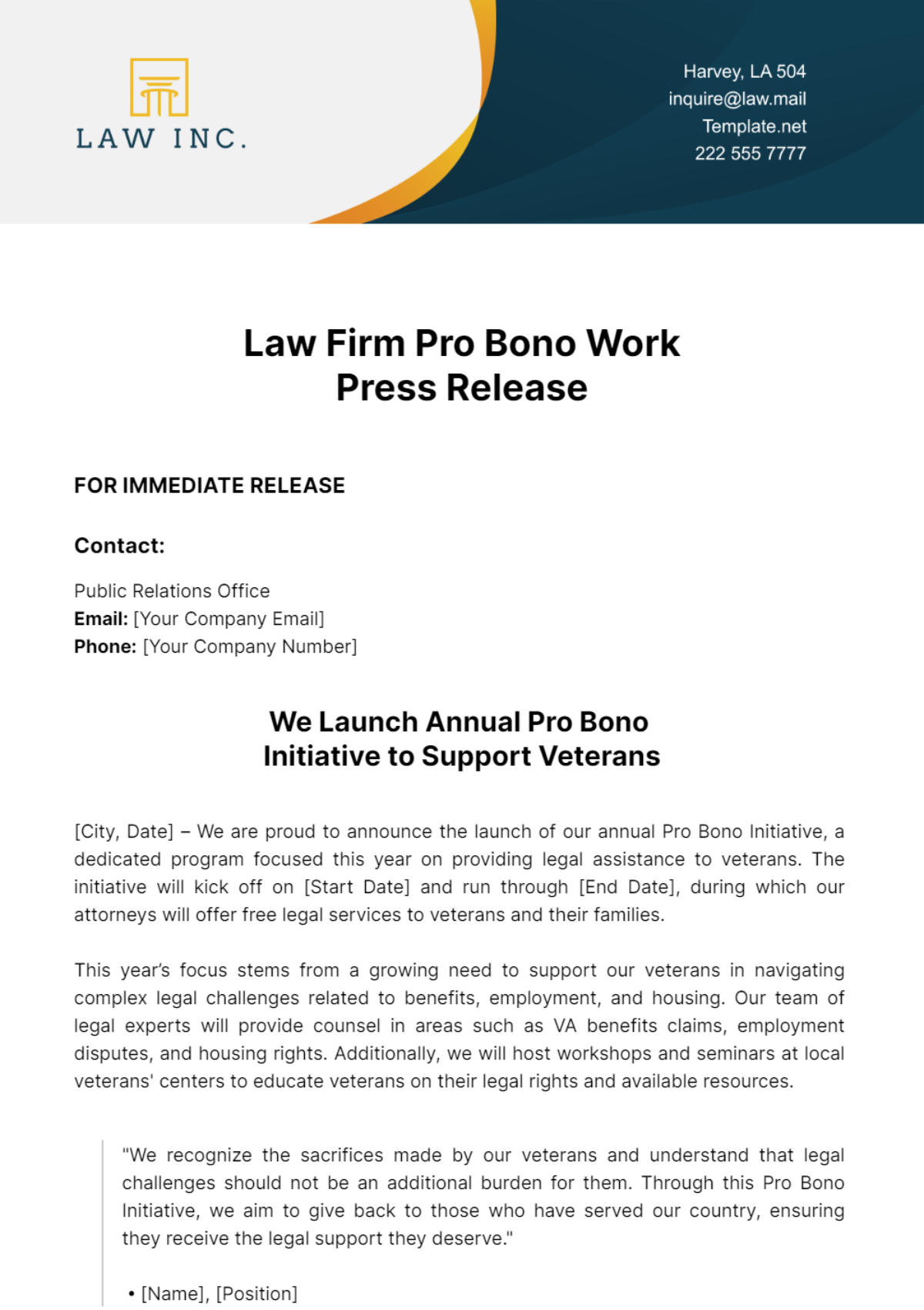 Free Law Firm Pro Bono Work Press Release Template