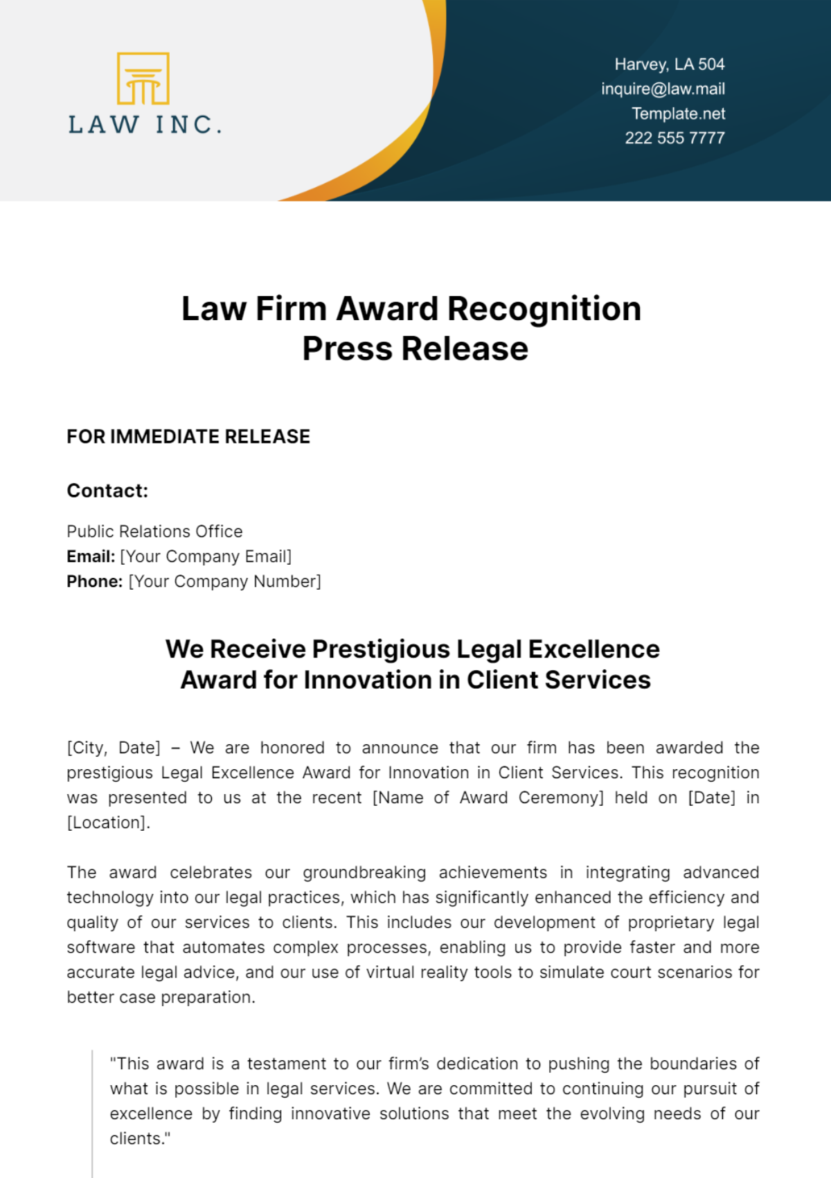 Free Law Firm Award Recognition Press Release Template