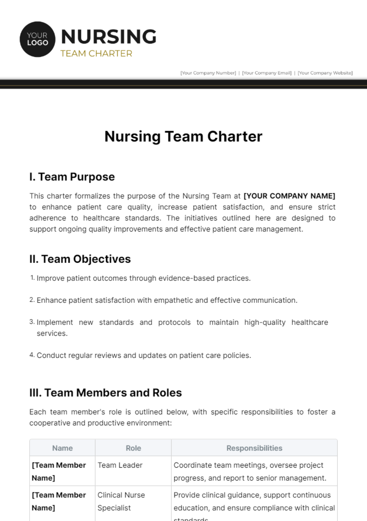 Nursing Team Charter Template