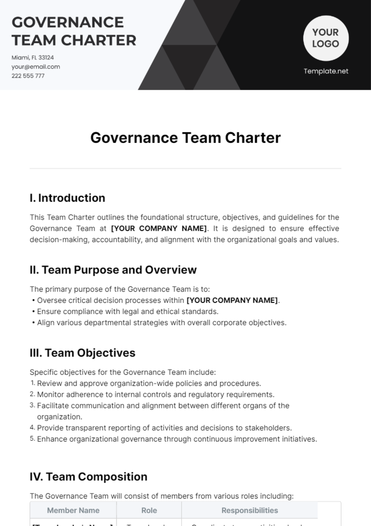 Free Governance Team Charter Template