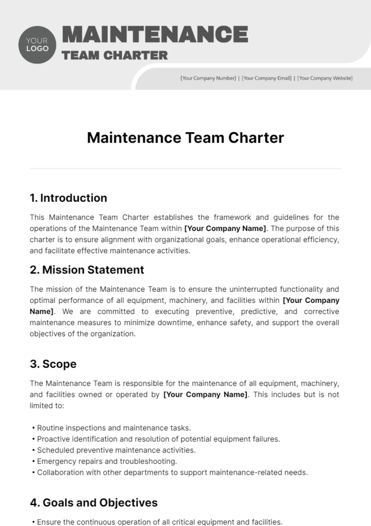 Free Maintenance Team Charter Template