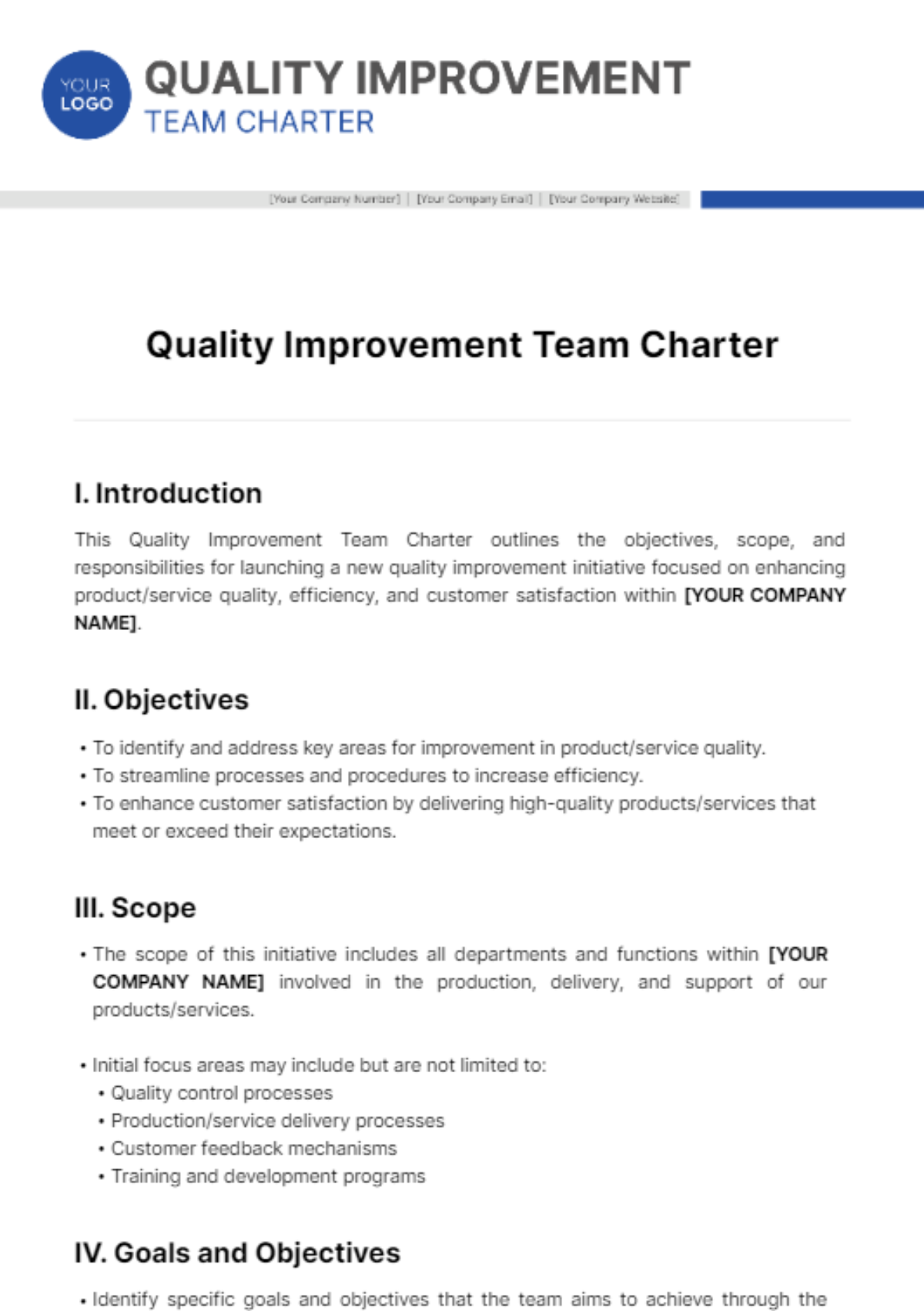 Free Quality Improvement Team Charter Template