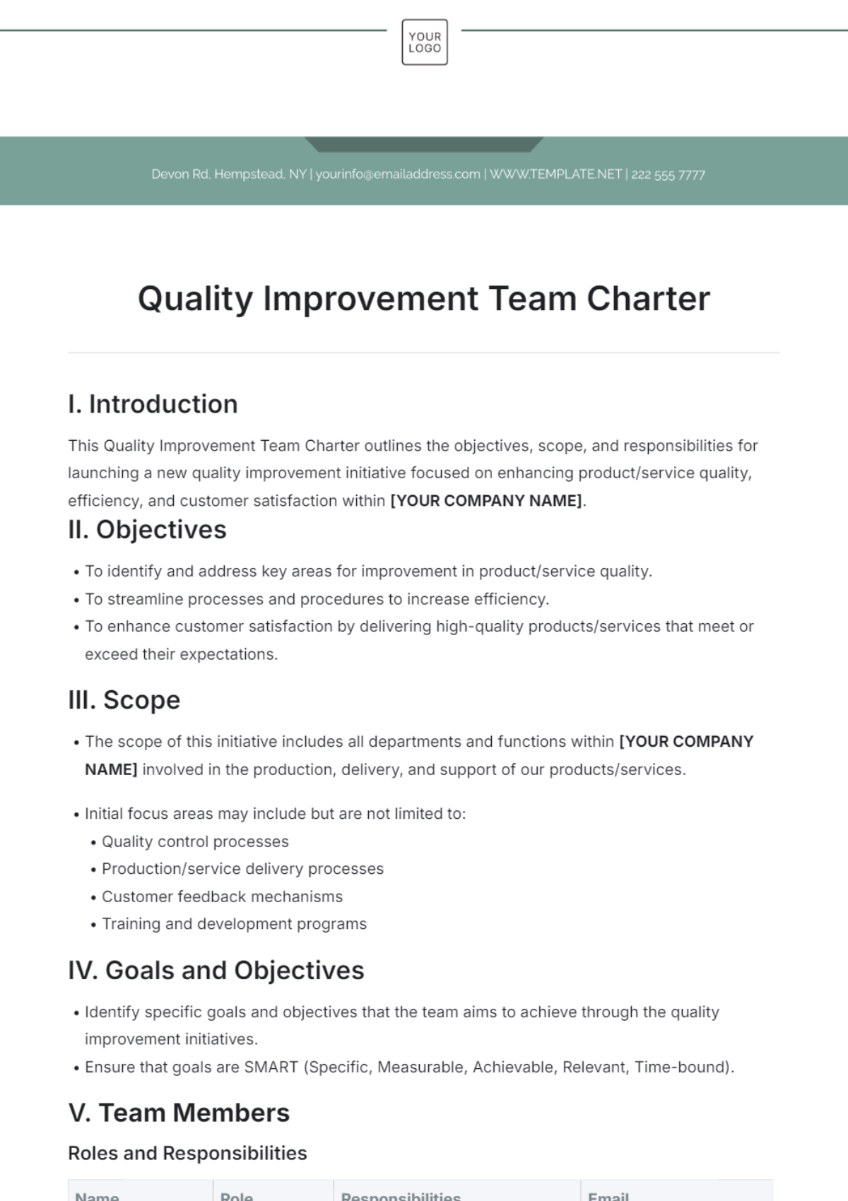 Quality Improvement Team Charter Template