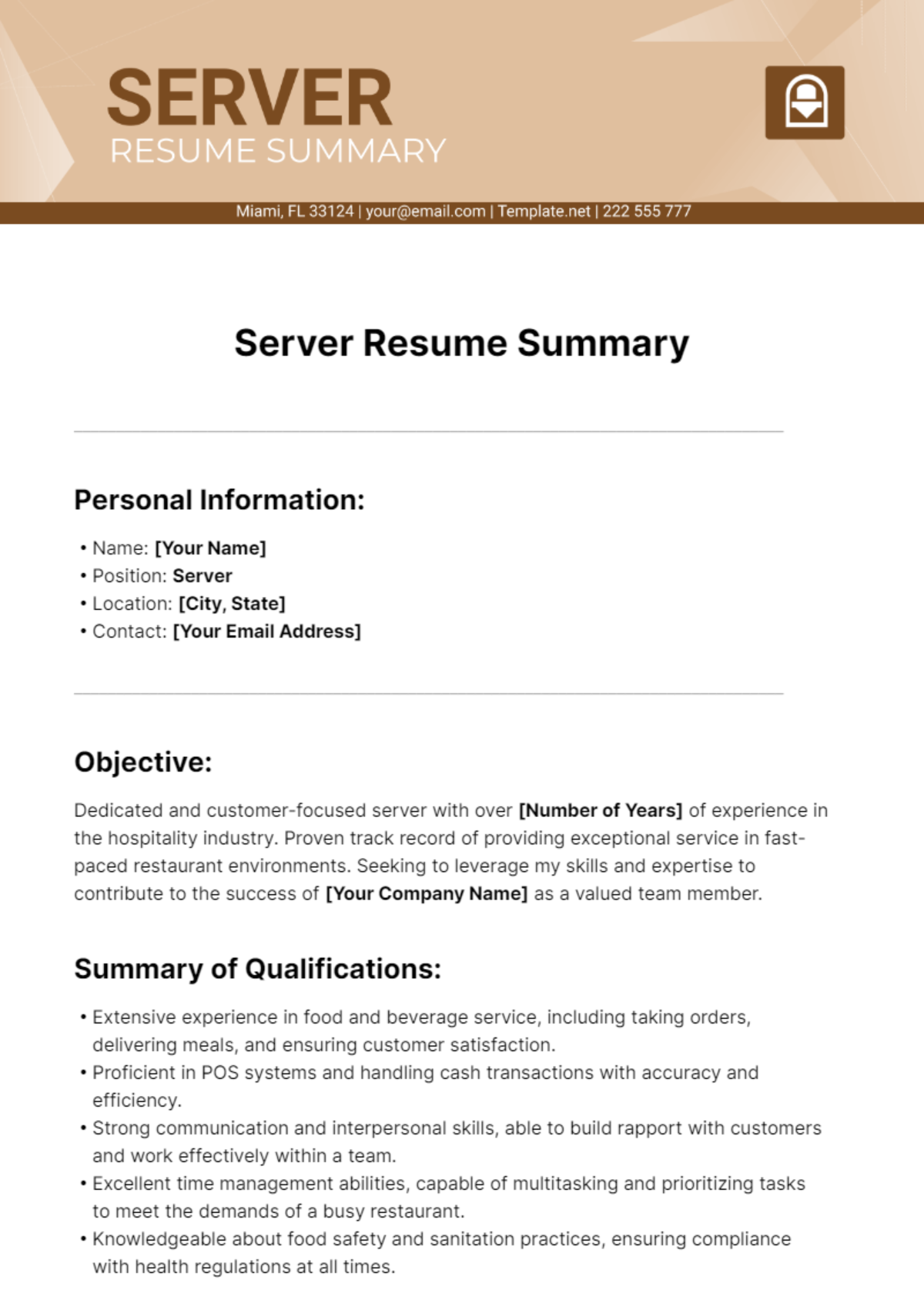 Server Resume Summary Template