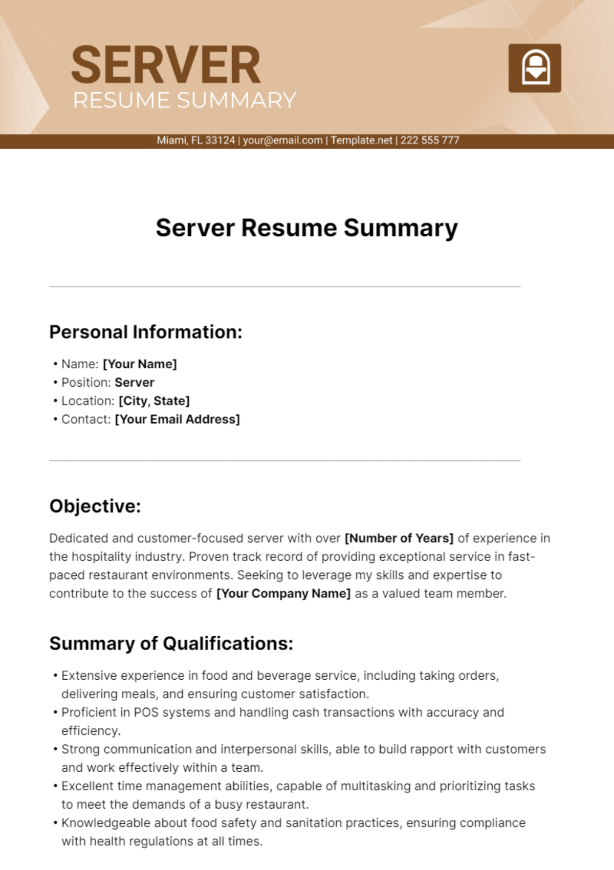 Server Resume Summary Template - Edit Online & Download