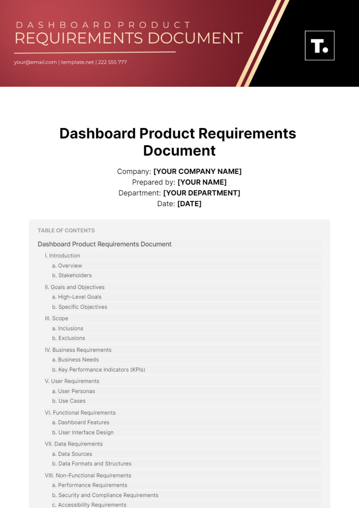 Dashboard Product Requirements Document Template