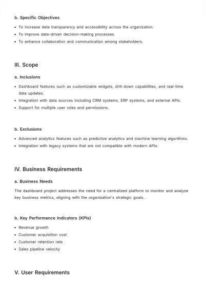 Free Dashboard Product Requirements Document Template to Edit Online