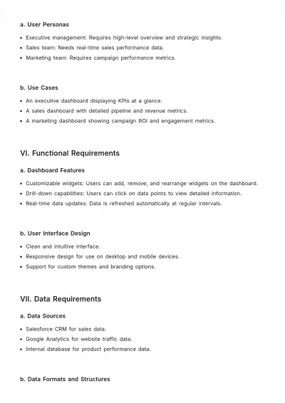 Free Dashboard Product Requirements Document Template to Edit Online
