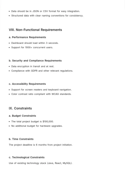 Free Dashboard Product Requirements Document Template to Edit Online