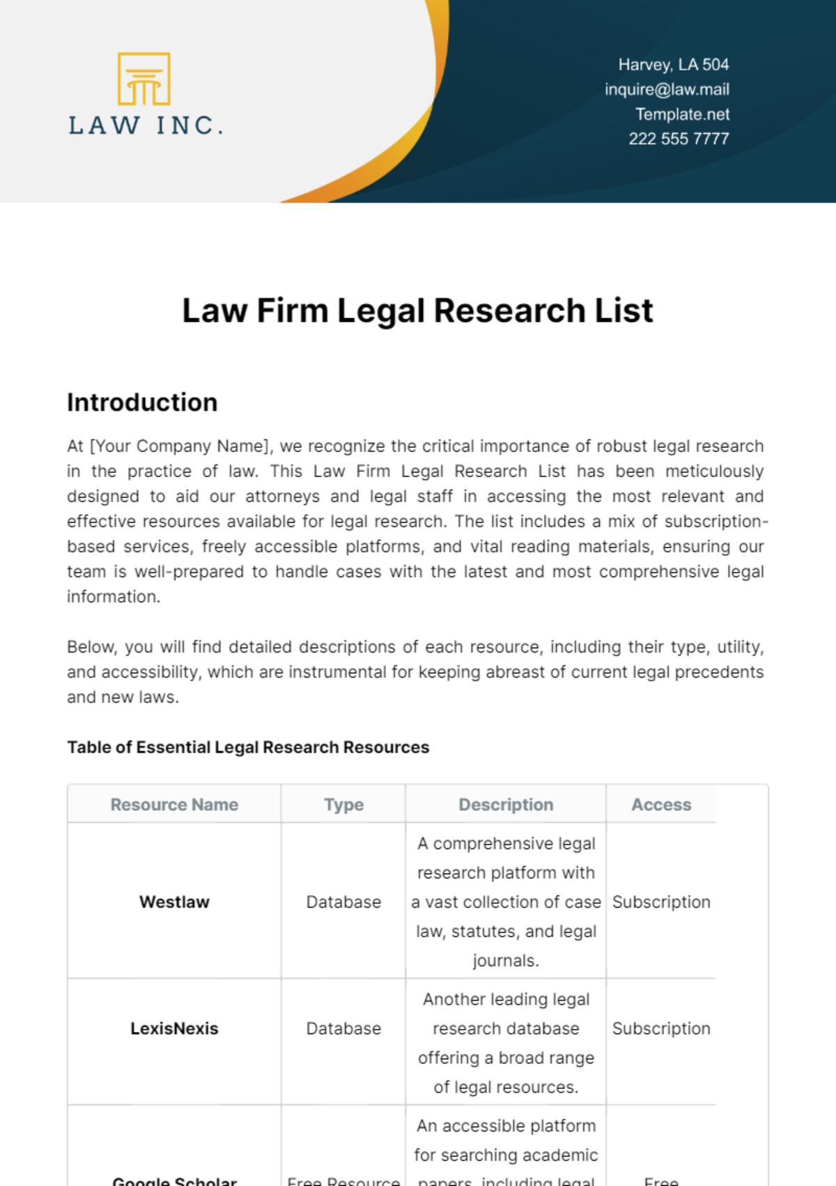 Law Firm Legal Research List Template