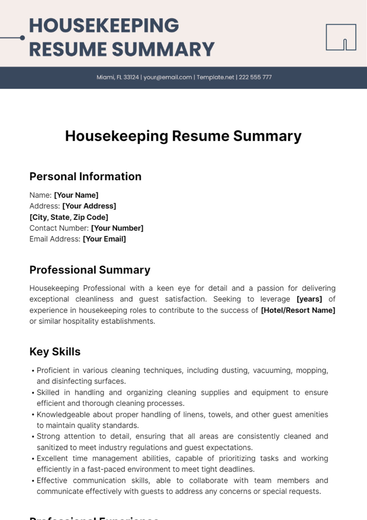 Housekeeping Resume Summary Template